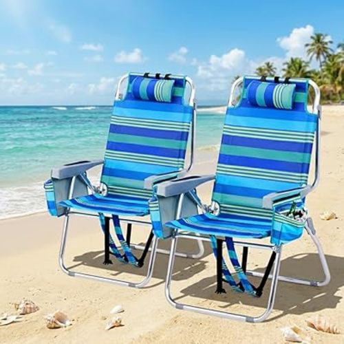 16" Tall Beach Chairs for Adults,2-Pack Lightweight Backpack Chair with 5-Position,Cooler Bag,Cup Holder,Towel Rack,Suitable for Camping Pool Patio Lawn Outdoor Travel