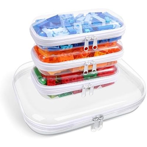 Clear Hard Plastic Zipper Case,Transparent Double Zippers Hard Pouch with 3pcs,Portable Travel Organizer Bin for Toy Storage