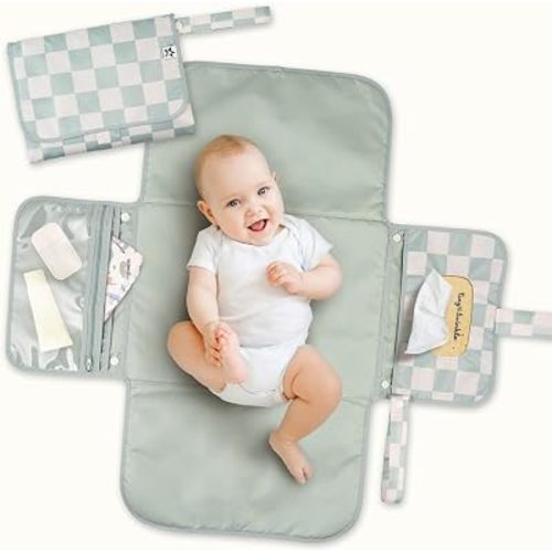 Tiny Twinkle Portable Diaper Changing Pad | Waterproof, Wipeable & Compact Baby Changing Pad for Travel | Smart Wipes Pocket & Organized Storage| Newborn Shower Gift (Sage Checkers)