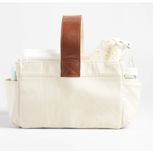 Canvas Diaper Caddy Organizer with Brown Leather Handle