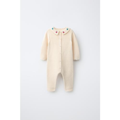 CROCHET COLLAR EMBROIDERED FLORAL JUMPSUIT - Ecru | ZARA United States