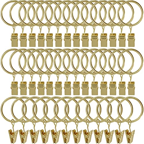LLPJS 40 Pack Curtain Rings with Clips, Curtain Clip Rings Hooks, Bow Hanger Clips for Hanging Drapery Drapes Bows, Ring 1.26 inch Interior Diameter, Fits up to 1" Rod, Gold