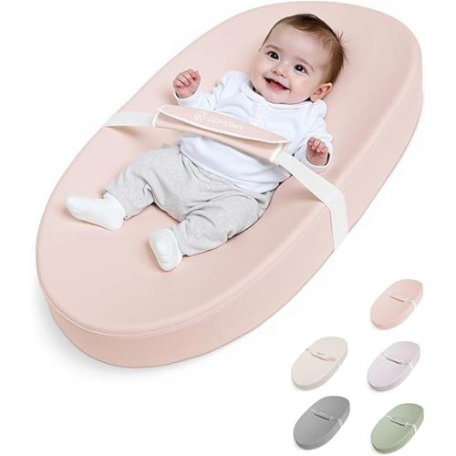 COMOMY Baby Changing Pad with Wipeable & Waterproof PU Cover, Contoured Diaper Changing Pad for Dresser with Non-Slip Safety Belt, Portable and Lightweight, Large Cushioned Foam, Pink