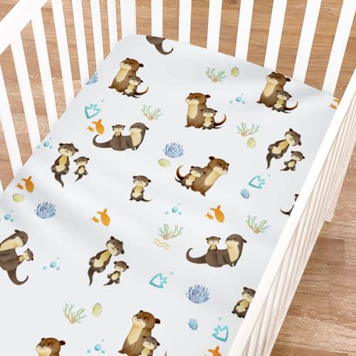 Baby Cute Sea Otter Crib Sheet for Boy Girl 52"x28" Cute Animals Family Soft Crib Mattress Cover Cartoon Sea Animals Breathable Fitted Nursery Bed Sheets Fits tandard Crib and Toddler Mattress Pads