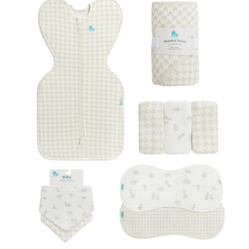 LoveToDream Newborn Starter Gift Bundle | Swaddle Up, Towel, Wash Cloth, Burp Cloths, Bibs | Houndstooth
