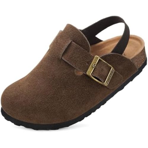 ZUSERIS Kids Suede Clogs Toddler Clogs Boys Girls Cork Footbed Sandals Potato Shoes Leather Slip On Mules with Adjustable Buckle