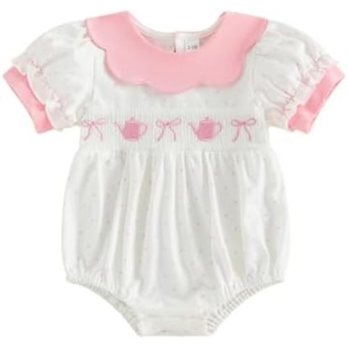 YOKJZJD Newborn Baby Girl Clothes Bow Teapot Puff Short Sleeve Smocked Romper Bodysuit Summer Outfits