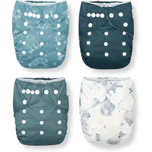 Nora's Nursery Cloth Pocket Diapers 4 Pack with 4 Inserts - Waterproof Cover, Washable, Reusable & One Size Adjustable Pocket Diapers for Newborns and Toddlers - Mama Bear