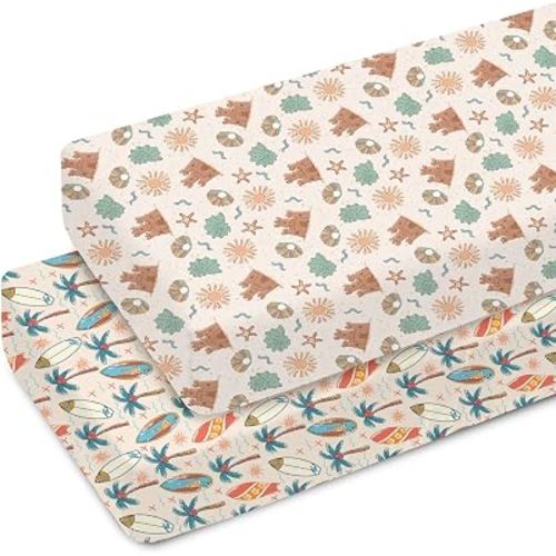 Retro Boho Surfing Baby Crib Sheets for Boy Girl 28"x52" Summer Surfboards Coconut Palm Trees Sun Soft Snug Fitted Crib Mattress Cover Beach Life Baby Sheet for Standard Crib & Toddler Mattress 2 Pack