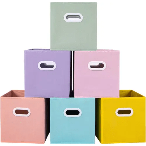 Stero Fabric Storage Cubes Bins, 11 inch Fun Colored Foldable Storage Baskets with Dual Plastic Handle for Home, Kids Room, Closet and Toys Organization, Multi Colored, Set of 6