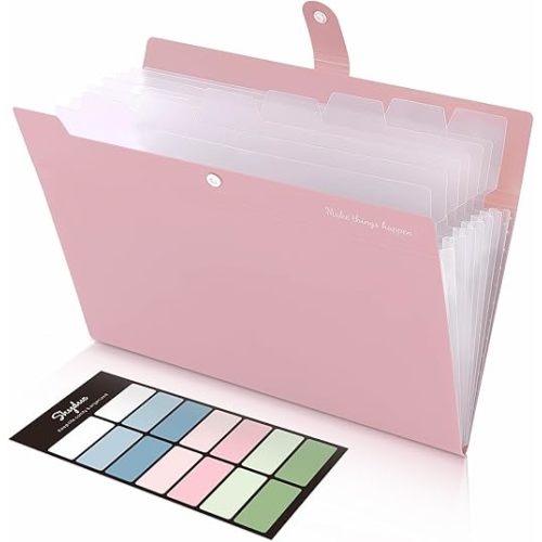 SKYDUE 8 Pockets Expanding File Folders, Accordion Folders, Portable Paper Bill Receipt Organizer, Letter Size, Home College School Office Supplies, Pink