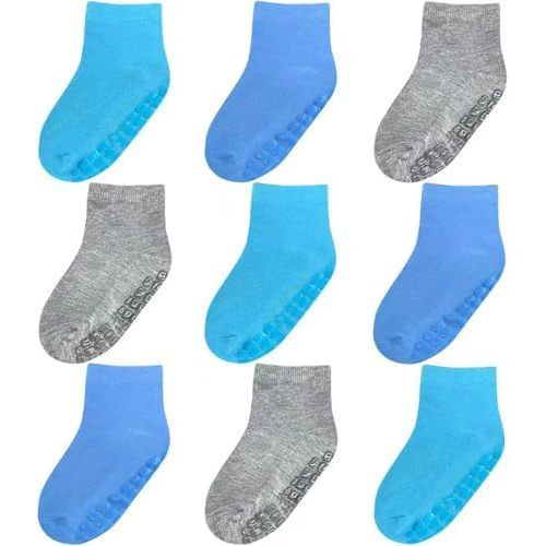 Baby Mid-Crew Socks with Grips (9 Pairs) for 0-7 Years Old Toddler Boy Girl Kids