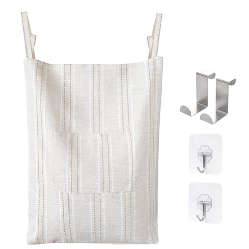 AELS Farmhouse Hanging Laundry Hamper with 2 Hooks, Boho Beige & Brown Stripes Laundry Bag with Zipper & Wide Open Top, Over the Door Organizer for Dirty Clothes, Washable Space Saving Storage