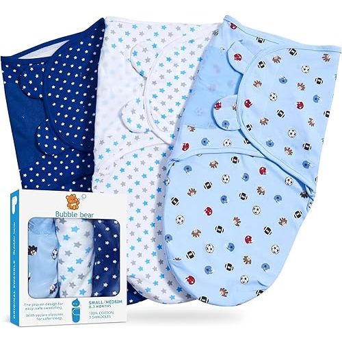 Bubble bear 3 Pack Baby Swaddle 3-6 Months - Infant Adjustable Newborn Swaddles Blanket Baby Girl Boy, Swaddling Wrap Blanket Sleep Sack for Newborn-Blue