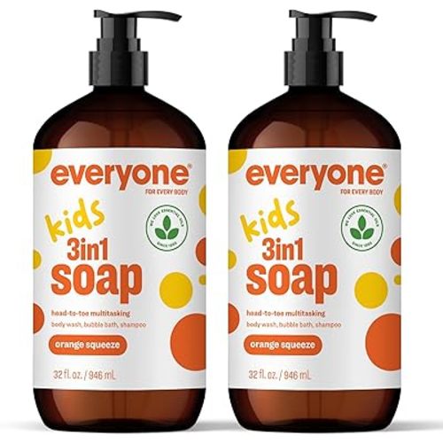 Everyone 3-in-1 Kids Soap, Body Wash, Bubble Bath, Shampoo, 32 Ounce (Pack of 2), Orange Squeeze, Coconut Cleanser with Organic Plant Extracts and Pure Essential Oils (Packaging May Vary)