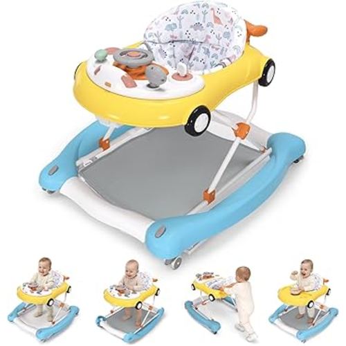 5-in-1 Convertible Baby Walker with Steering Wheel Music Activity Center – Infant Rocker, Jumper, Push Walker, Bouncer & Feeding Foldable Walker for Ages 6-18 Months Boys Girls (Yellow Blue)