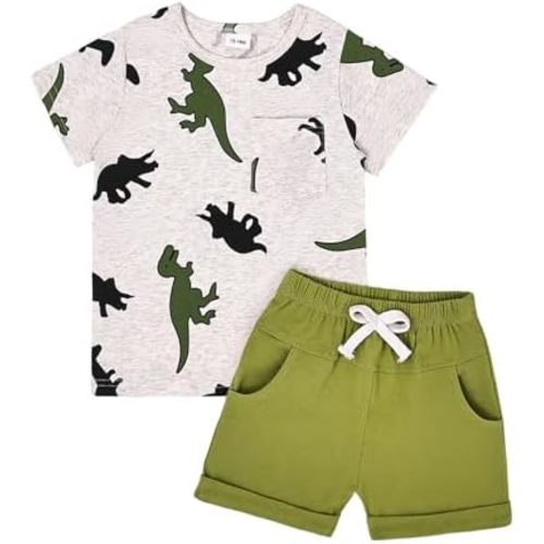Baby Boy Clothes Toddler Boy Clothes Summer Outfits Dinosaur T-Shirt Pocket Short Pants Set 12 Months to 4 Years Old