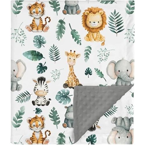 HawSkgFub Safari Jungle Animals Mink Baby Blankets with Dotted Backing Boys Shower Gift, Tropical Palm Leaf Double Layer Nursery Swaddle, Soft Newborn Infant Toddler Bed Crib Bedding 30 x 40