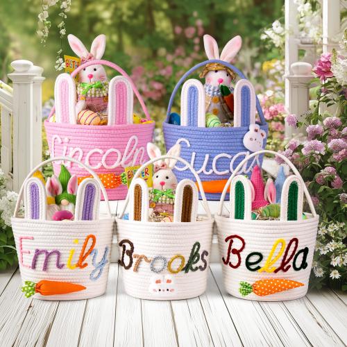 Crochet Personalized Easter Basket 2026 with Name – Bunny Carrot Rope Basket for Boys Girls, Easter Egg Hunt & Baby Shower Gift