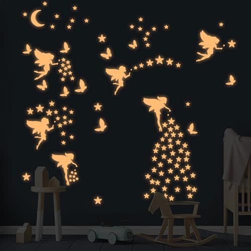 Glow in The Dark Fairy Wall Decals, Luminous Fairies Stars Wall Stickers for Ceiling, Peel and Stick Butterfly Decoration for Kids Room （Pink）