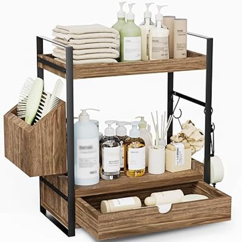 2-Tier Bathroom Counter Organizer with Drawer and Basket, Wood Countertop Organizer for Storage, Skincare Organizers for Vanity, Counter Shelf for Bathroom Organization(Dark Brown)
