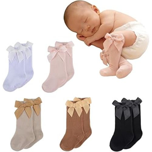 Newborn Knee High Socks Girl with Satin Bow Toddler Girl Dress Sock Infant Gift Sock Cute Ruffled Baby Girl Long Socks
