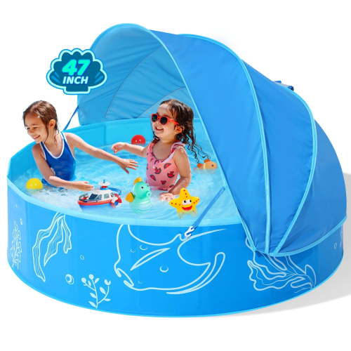 Hikiddy Foldable Kiddie Pool with Canopy: 47in Baby Pool and Beach Tent for Toddlers Infants 6-12 Months and Kids 2-4 Years Old - Portable Water Play with Shade for Outdoor Backyard Beach