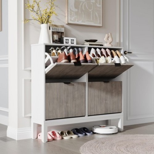Fluted Shoe Storage Cabinet with 4 Flip Drawers, Narrow Wooden Shoe Organizer with Metal Legs, Modern Farmhouse Hidden Shoe Rack