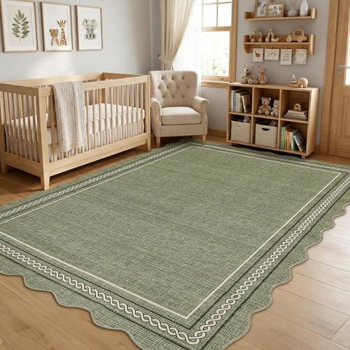 GarveeHome Scalloped Washable Area Rugs 5x7, Green Rugs for Living Room Non Slip Soft Non Shedding Bedroom Rugs Modern Foldable Low Pile Stain Resistant Carpet for Playroom Nursery Dining Room, Green