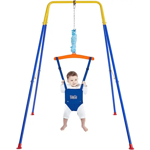 FUNLIO Baby Jumper with Stand for 6-24 Months, Infant Jumper for Indoor/Outdoor Play,Baby Bouncer for Baby Girl/Boy, with Adjustable Chain, Easy to Assemble & Store (with Stand) - Blue