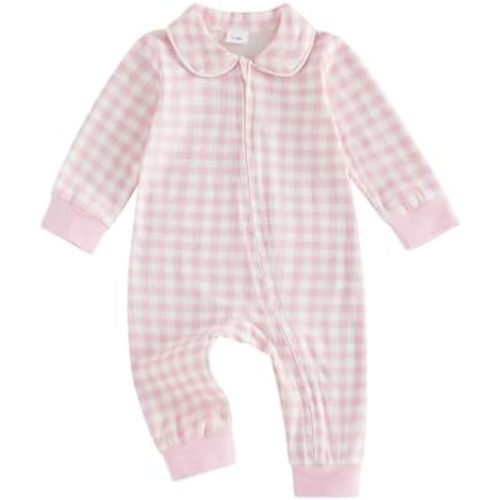 Seyurigaoka Newborn Baby Boy Girl Gingham Romper Long Sleeve Zipper One Piece Jumpsuit Infant Going Home Outfit