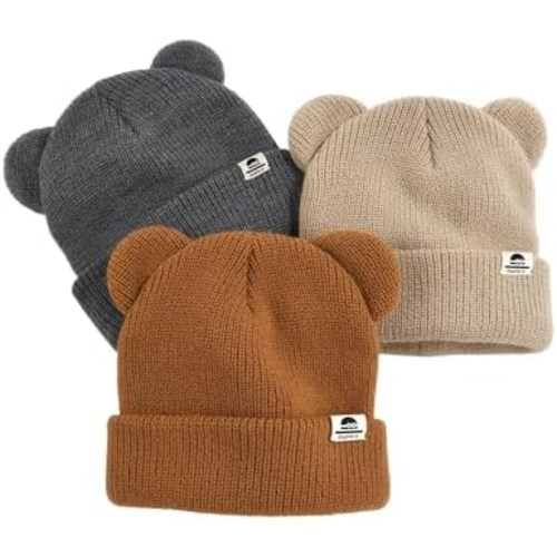 FURTALK Baby Beanie Winter Hat with Bear Ear for Infant Toddler Boys Girls Soft Knitted Skull Cap Dark Grey+Khaki+Caramel 0-6 Months