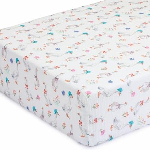 LollyBanks Crib Mattress Sheet 1 Pack, 100% Cotton Baby Crib Sheets, Soft and Breathable Muslin Sheets for Baby Girls, Snug Fitted Sheet for Standard 52"x28" Mattress, Registry (Goose Print)