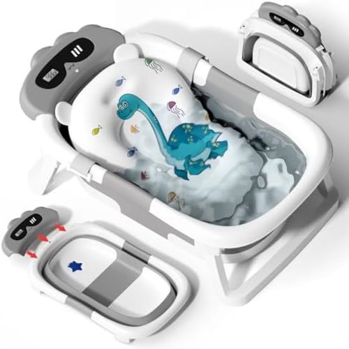 Baby Bathtub,Collapsible Baby Bathtub for Newborn to Toddler,Durable Essential Infant Bath Tub,Portable Travel Baby Tub with Soft Bath Net,No-Slip Feet and Dinosaur Shaped (Grey)