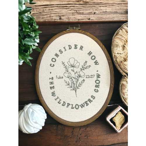 Consider the Wildflowers Luke 12:27 Floral Finished Embroidery Hoop Wall Decor, Scripture Home Decor, Bible Verses, Embroidery Nursery Decor