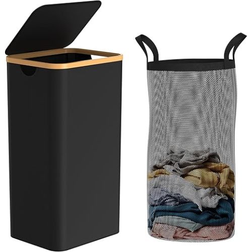 Slim Laundry Hamper with Lid,100L(26.4 Gallon) Black Narrow Laundry Basket with Removable Bag,Stylish Dirty Clothes Basket for Bathroom,Dorm,Bedroom and Laundry Room