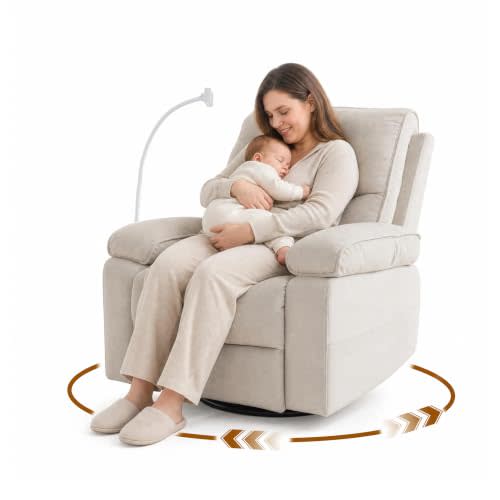 360° Swivel Glider Rocking Chair Nursery， Oversized Recliner with Phone Holder，Nursing Chairs for Breastfeeding with Wide Foot Rest for Living Room and Baby Room,Beige
