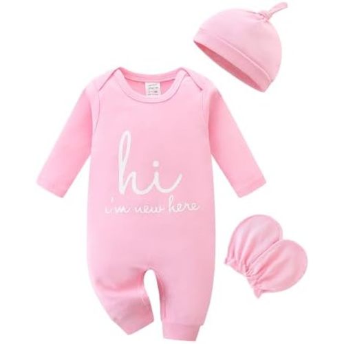 Babymine Cute Newborn Unisex Baby 100% Cotton Long Sleeve Onesie Coming Home Outfits,Soft Romper with Mittens & Hat