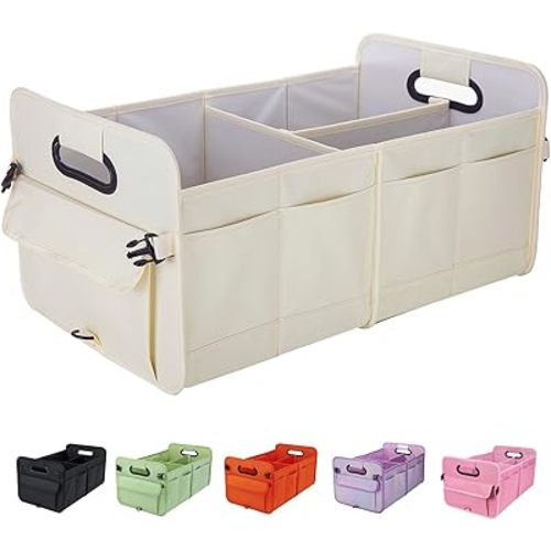 Trunk Organizer For Suv & Sedan,Car Organizers and Storage, Waterproof Collapsible & Adjustable Straps,Sturdy Car Organization for Car Accessories, Tools,Food，Sundries,2-3 Compartment（Beige）