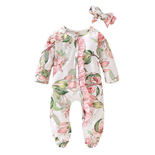 Footie Pajamas Ruffle Floral Footed Sleeper Romper Outfits Headband Clothes Set Baby Onesies White 0 Months-3 Months