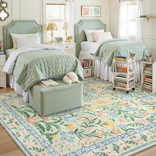 Lahome Green 8x10 Playroom Bedroom Rug, 8x10 Boho Cottage Core Rug