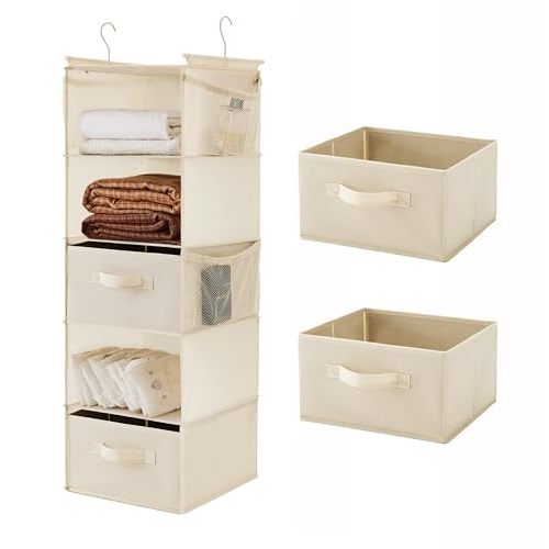 MAX Houser 5 Tier Shelf Hanging Closet Organizer, Cloth Hanging Shelf with 2 Sturdy Hooks for Storage, Foldable (Beige-D2)