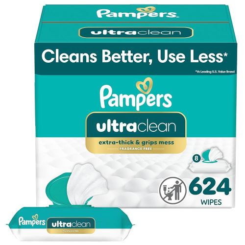 Pampers Baby Wipes, Free & Gentle, Hypoallergenic and Unscented Wipe, 100% Plant Based, Plastic-Free for Babies, 624 Total (8 Flip-Top Packs)