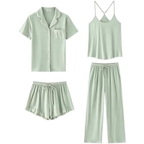 SAPJON Womens Soft Pajama Sets 4 Pcs Button Down Short Sleeve Top and Pants Cami and Ruffle Shorts Pjs Lounge Sets Sleepwear