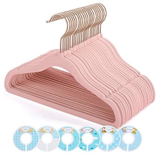 Smartor 50-Pack Pink Velvet Baby Hangers with Dividers for Baby Clothes, Newborn Clothes, Toddler Clothes, Pink Plastic Kids Hangers for Nursery, Infant, Toddler, Children, Newborn Essentials