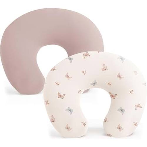 Konssy 2 Pack Nursing Pillow Covers, Soft Stretchy Cover for Breastfeeding | Covers Only, Milk Silk Fabric, Breathable & Machine Washable, Slipcovers for Newborn Baby Boy Girl, (Butterfly Dreams, Taupe)