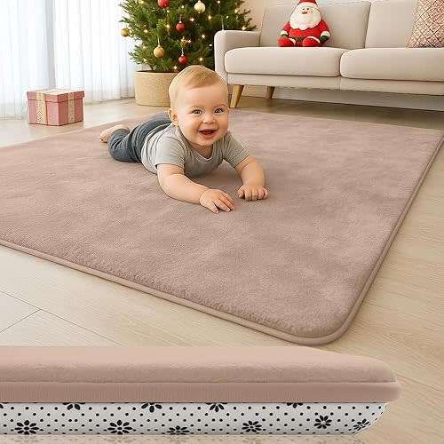 Thick Padded Baby Floor Play Mat 1.2" Cushioned Velvet Surface Non Slip Bottom High Density Foam Safe and Soft Floor Mat for Infants Toddlers and Playpen Use (Lightbrown, 50X 50)