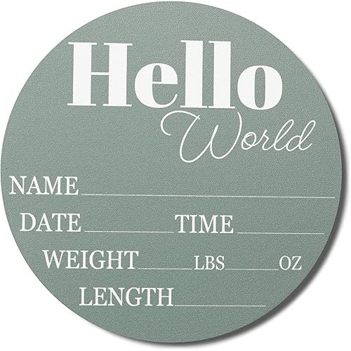 Hickory Hollow Designs - Baby Announcement Sign for Newborn Boys and Girls (Color Bases) - Hello World Nursery Decor Sign & Photo Prop for Babies Made of Birch Wood - 6" Circle Board (Sage)