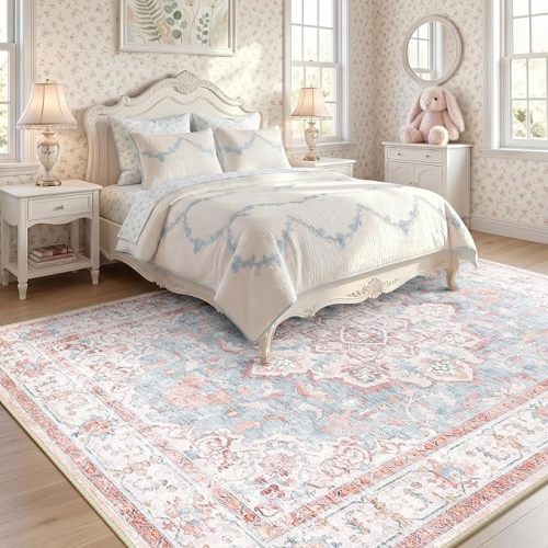 CAPALOCA Machine Washable Rugs Nursery Rug 7x9 Cute Girl Non Slip Low Pile Water Repellent Soft Print Pattern for Bedroom Indoor Decor Kids Playroom Pink Teal