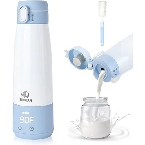BEBOAN Portable Bottle Warmer for Travel, 12oz Large Capacity Cordless for Heating Breast Milk Formula, Smart Temperature Control 5-Temp Setting with Lock, Charging with 55w Charger